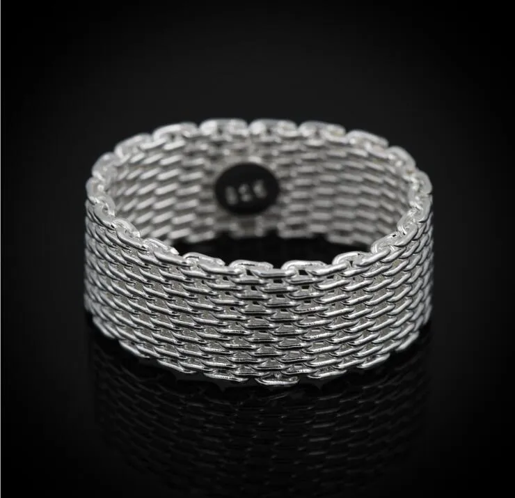 925 Sterling Silver Plating Ring 10mm Weave Mesh Finger Ring Band Ring För Kvinnor Mode Bröllop Smycken Gåva Moq 20 st Storlek US 6-9