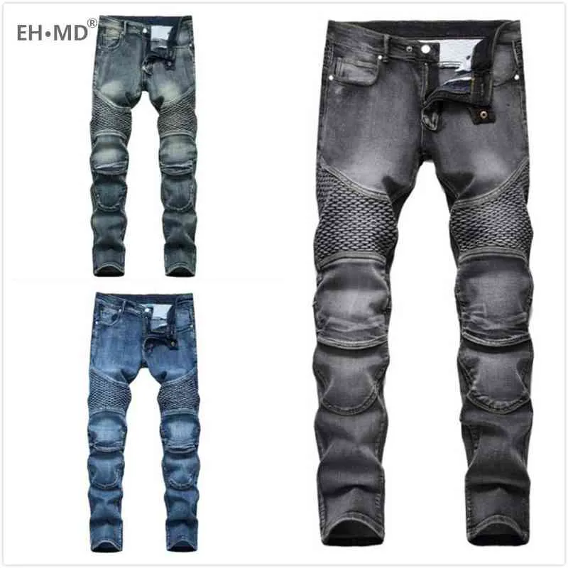 EHMD Motorcykel Patchwork Jeans Mäns Fiskskalor dekorerad Tvättad Slim-Fit Pläterad Hög Elastiska Solid Färgbyxor Fall Winter G0104