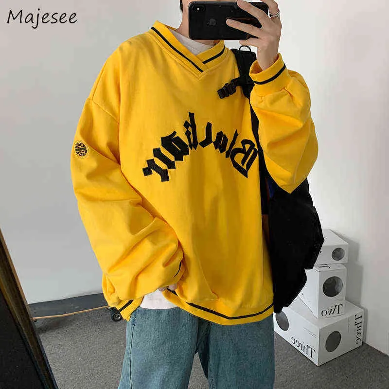 Hoodies Männer V-ausschnitt Brief Drucken Chic Mode Heimarbeit Ulzzang High Street Plus Samt Vintage Alle-spiel Winter Ins hip Hop Casual G1229