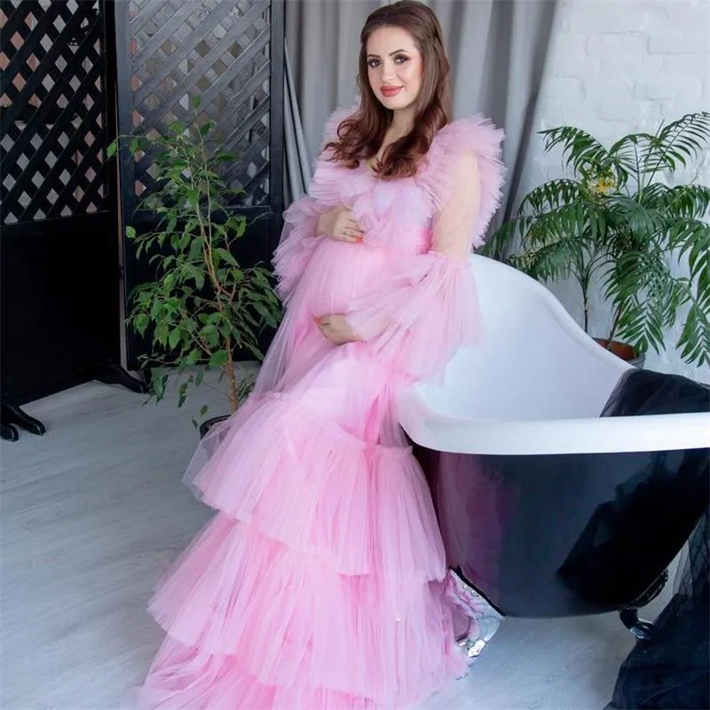 Rosa Långärmad Gravid Kvinnors Prom Klänningar Tiered Ruffles Fluffy Party Gowns Fancy Maternity Photography Dress