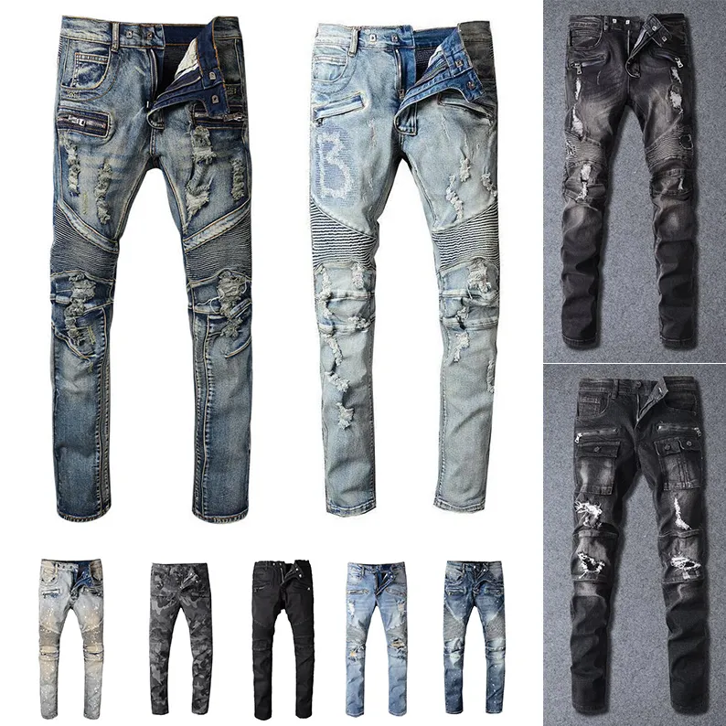 2020 New Mens afligido rasgado Biker Jeans Mens Slim Fit Motociclista Denim For Men S Moda Preto 19ss pour hommes