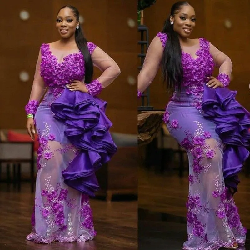 ASO EBI Illusion Gelinlik Modelleri Mermaid Örgün Parti Törenlerinde Mor Ruffles Lavanta Afrika Abiye Vestido Longo