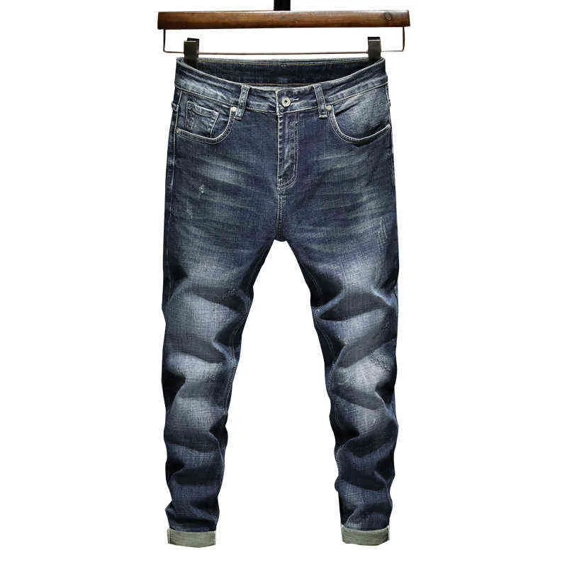 Mens Jeans Mörkblå Slim Straight Stretch Höst Vinter Vanlig Fit Business Casual Denim Byxor Män Långa Byxor Storlek 40 G0104