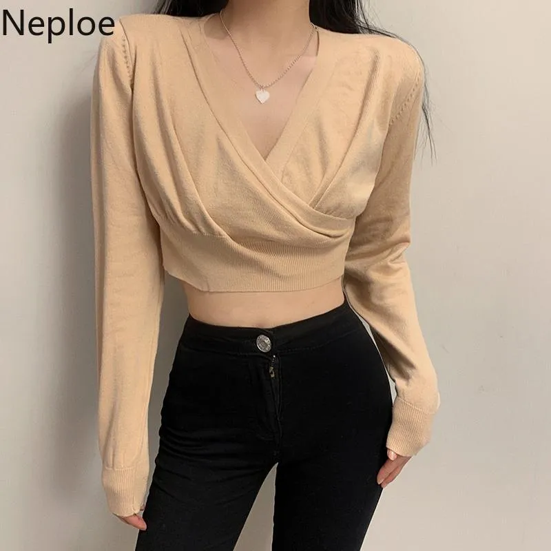 Women's Sweaters Neploe Temperament Cropped Pullovers Tops Women Pull Femme Sexy V-neck Cross Knitted Sweater Korean Fashion Jumper Ropa Muj