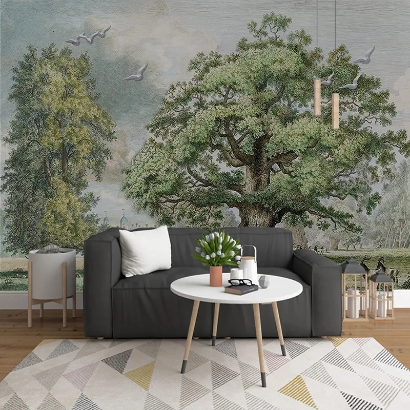 Anpassad 3d väggmålningar Bakgrund Europeisk stil Vacker skog Stora träd Elk Oljemålningar Heminredning Vardagsrum