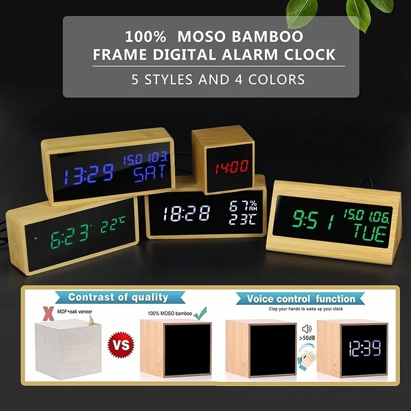 100% Bambu Digital Despertador Relógio Ajustável Brilho Voz Controle de Voz Desemplamento Grande Tempo Tempo Temperatura USB / Bateria Alimentada LJ201204