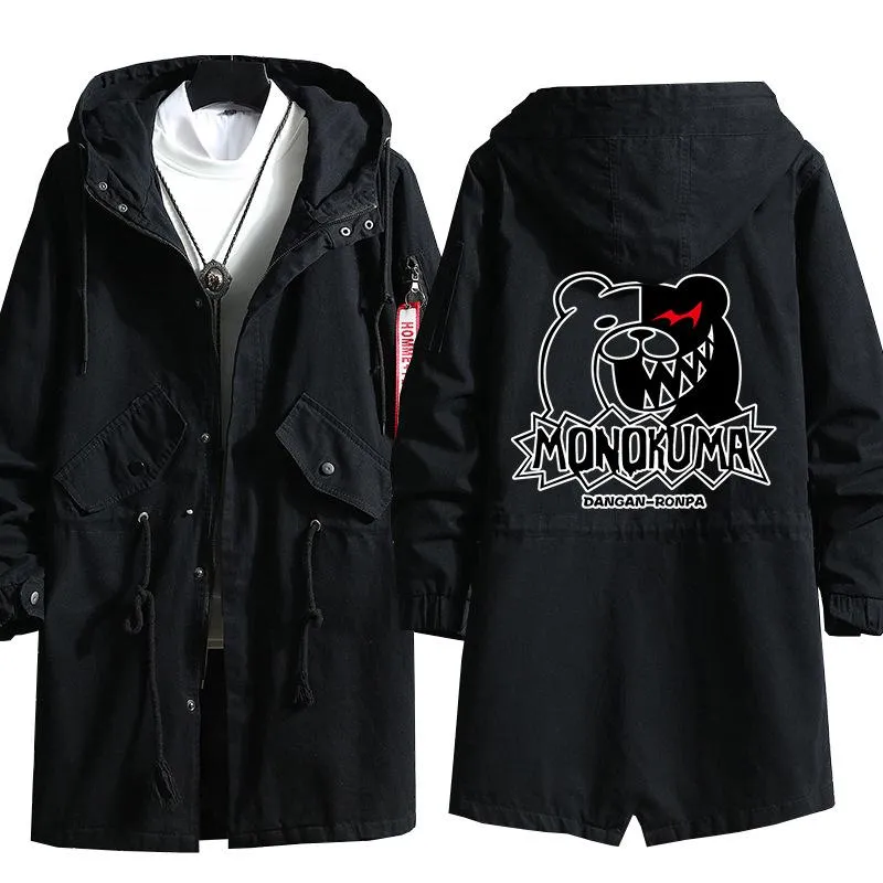 Heren Trenchcoats Anime Danganronpa Cosplay Hoodie Monokuma 3D Print Single-Breasted Hooded Jas Fashion Casual Black Jacket