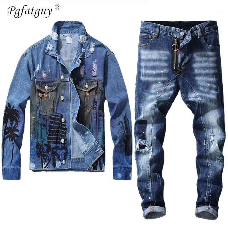 Herren Vintage Blue Jeans Sets 2020 Ausgefranste Slim Jeansjacke und Nähte Jean 2PCS Sets Herren Jacke mit Buchstabendruck + Lochhose1