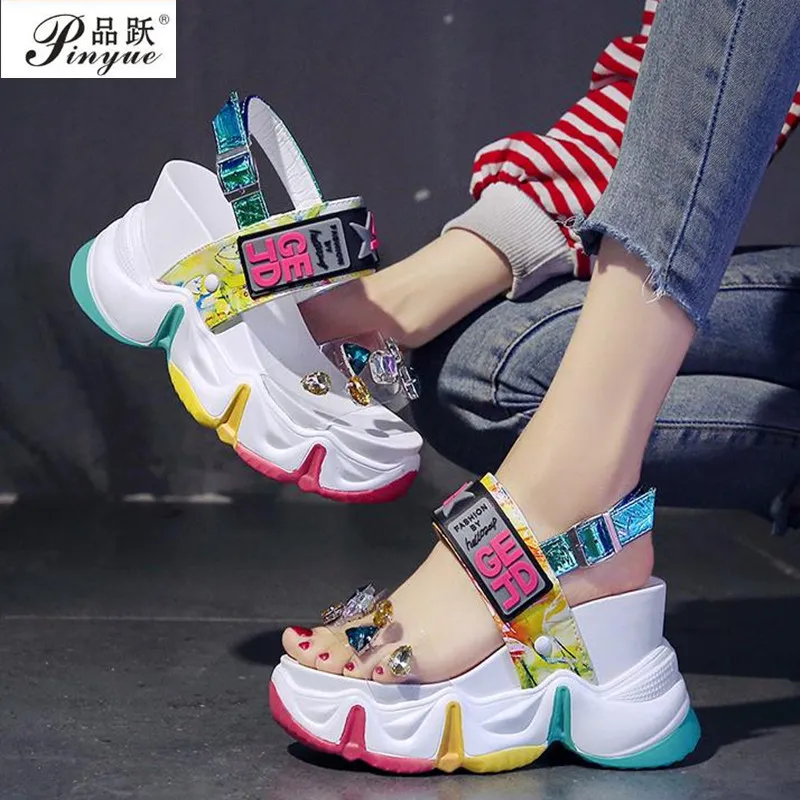 2020 New Women Summer Wedge Sandals Transparent PVC Crystal Chunky Platform Shoes Woman Rainbow Thick Bottom Sandalias