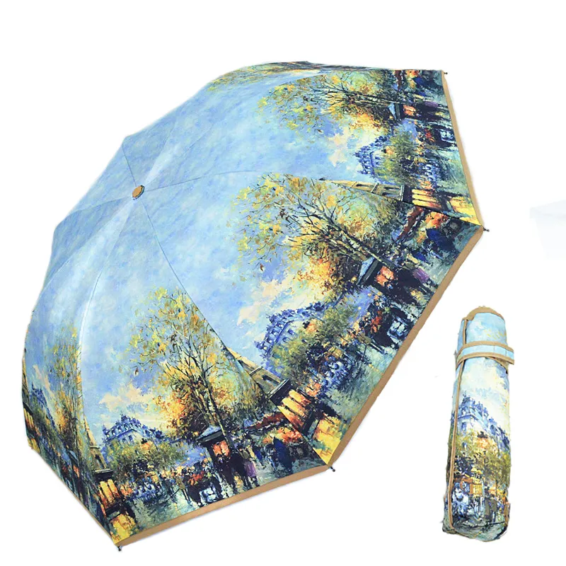 Dobrável guarda-chuva van gogh pintura paris street guarda-chuva guarda-chuva mulheres 10k parasol prata revestimento uv paragua duplo deck 201112