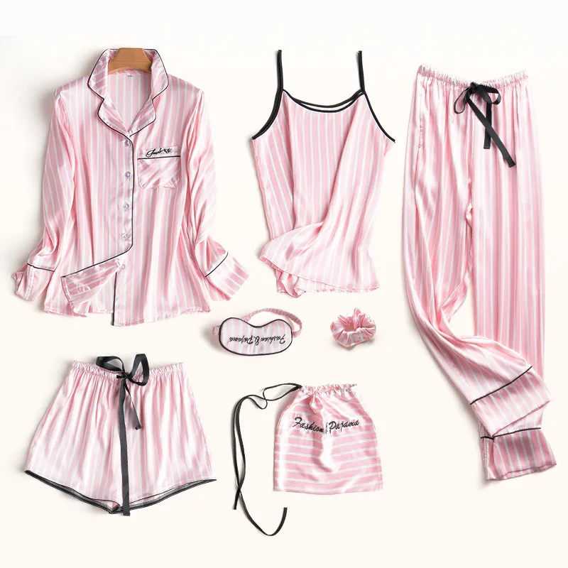 Pigiama Set Donna Seta Estate Sexy Pigiama Fiore Sexy Camicia Donna Manica Lunga Pantaloni Lavoro Manuale Punto Lingerie A Righe Sleepwear 201109