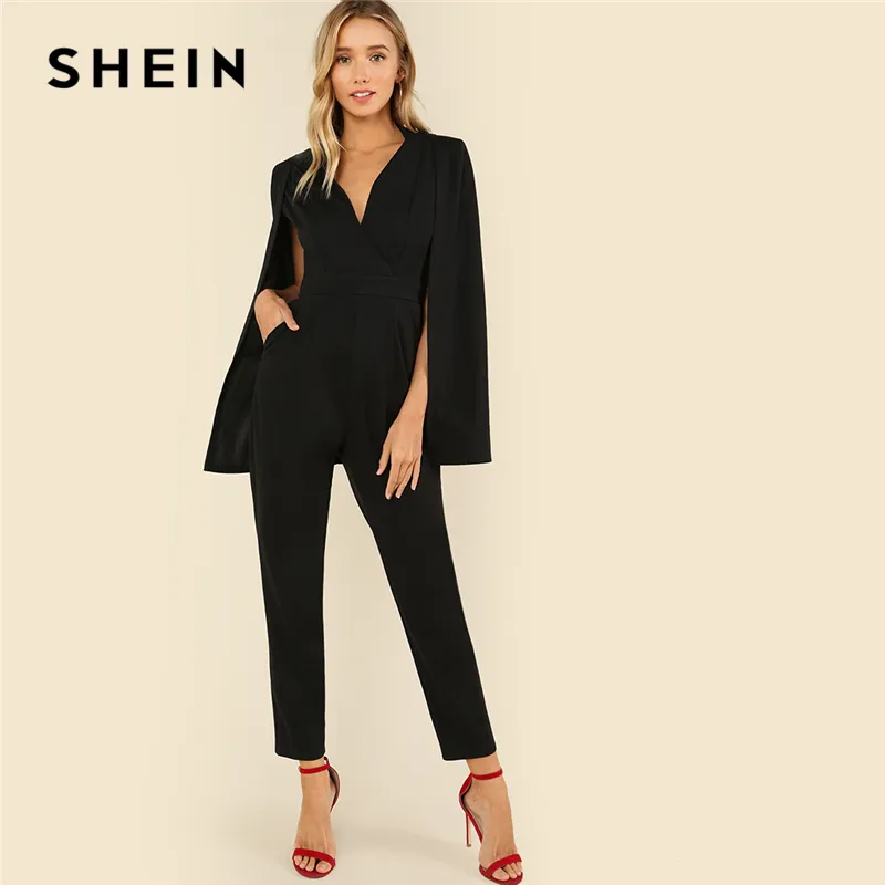 Shein Black Party elegante Wrap immerge scollo a V Mantello manica lunga Solid vita alta Maxi tuta autunno casuale delle donne tuta Y200930
