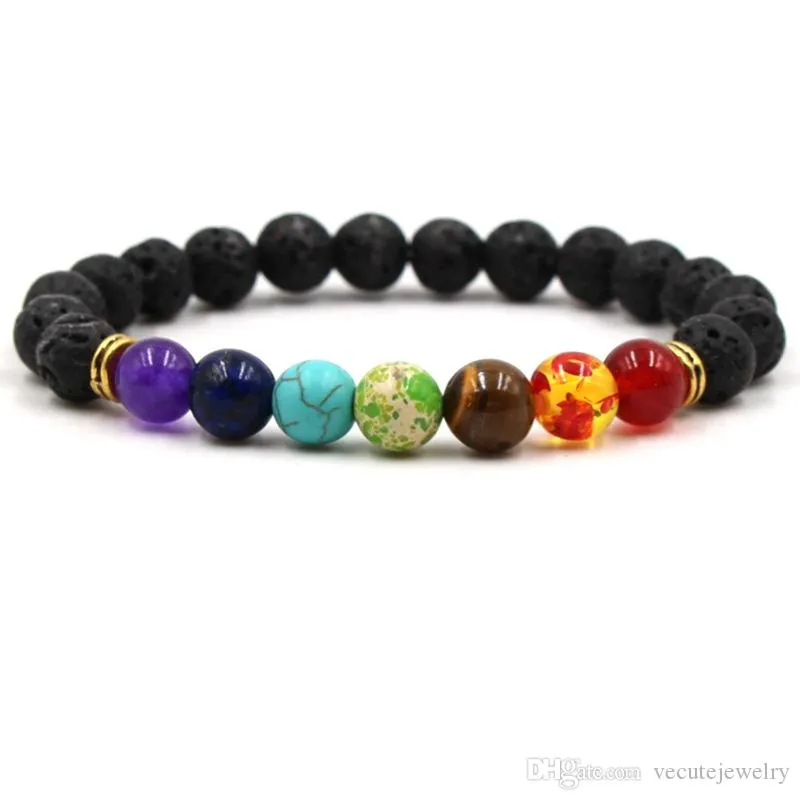 Natural Lava Stone Yoga Bracelet 7 Chakra Black Volcanic Rock Bracelet for Men Women Gem Stone Healing Balance Beads Bracelet Reiki Buddha Prayer Beaded