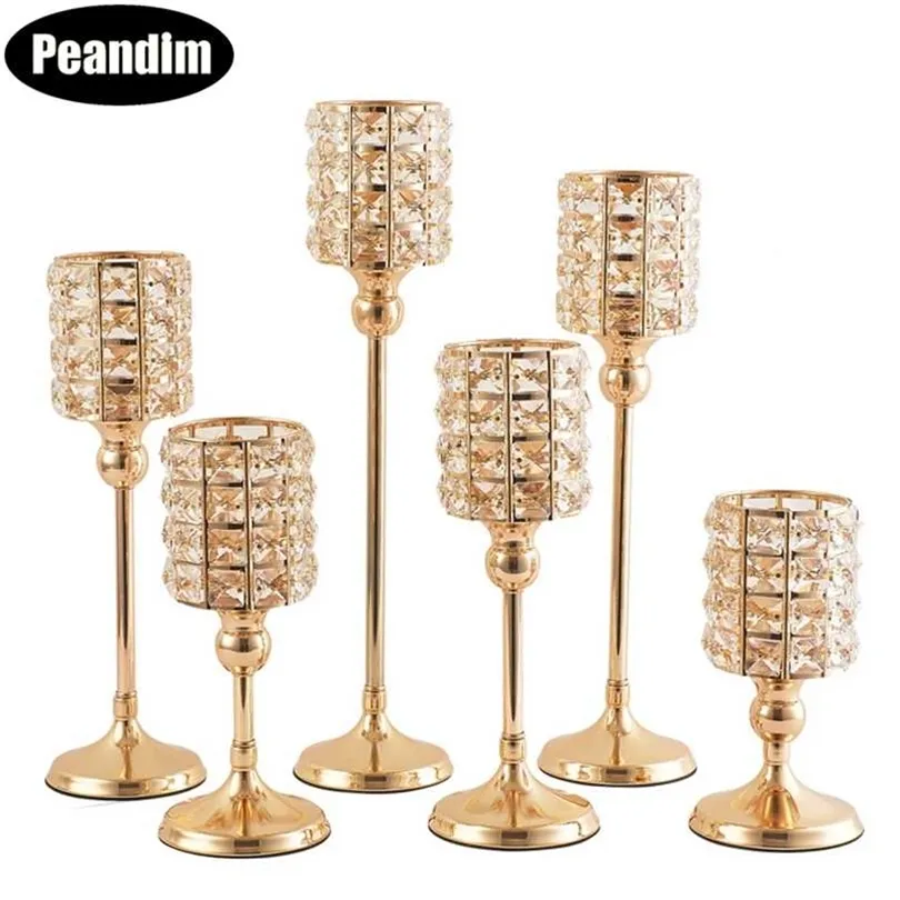 Peandim Shiny Crystal Candle Lantern Gold Votives Silver Candelabra Stick For Home Christmas Wedding Decor Gifts 211222
