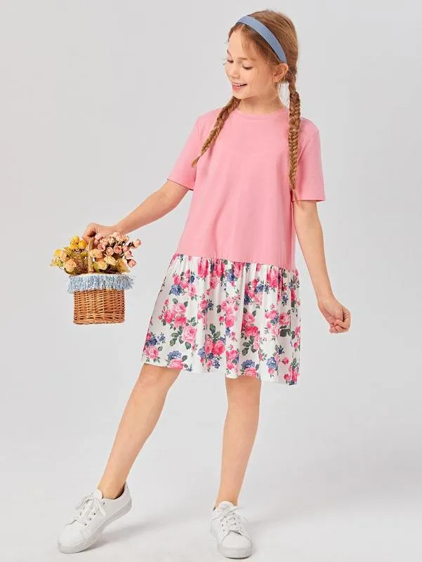 Robe smockée fleurie à volants pour fille SHE