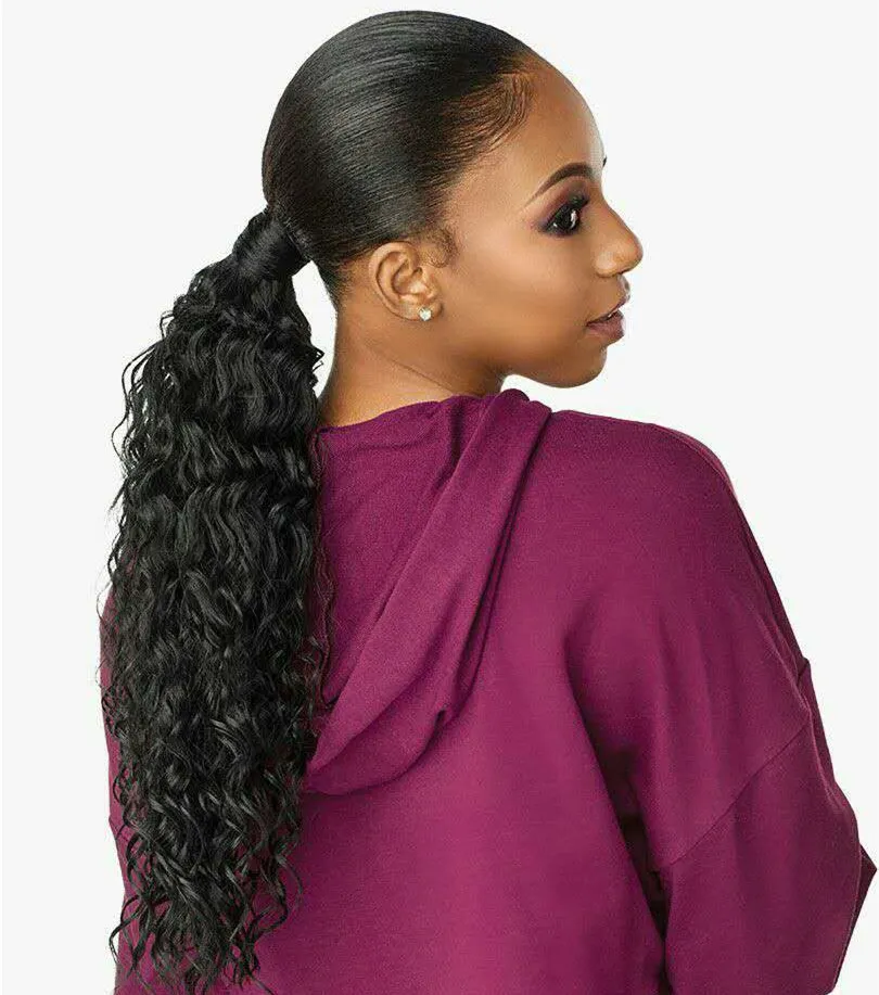 Human Hair Ponytail Förlängning Human Hair Wrap Drawstring Ponytail 18 "140g Lång vattenvåg för Kvinnor # 2 Mörkbrun