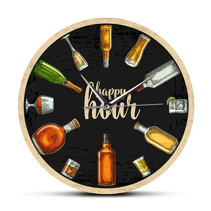Happy Hour Wine Time Win O'Clock Booze Horloge murale Homme Cave Pub Bar Barre de mur Restaurant Vin Alcool Cadeaux Cadeaux Winery Art Y200109