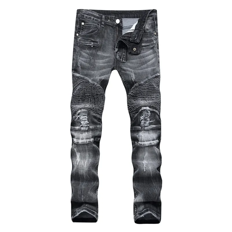 Commerce Classique Rétro Jeans Hommes Droite Slim Zipper Décoration lumière pli Skinny Denim pantalon Mode Stretch Hip Hop Jogger Jeans 201111