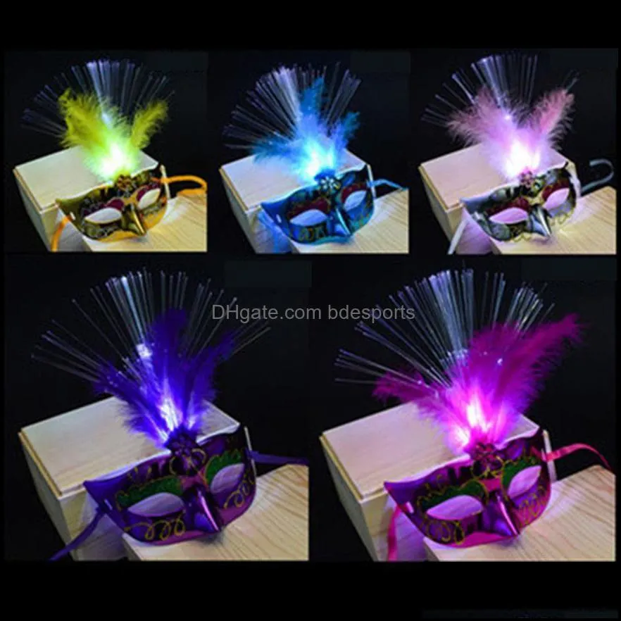 LED Halloween Party Flash Glowing Feather Mask Mardi Gras Masquerade Cosplay Venetian Masks Halloween Costumes Gift189N