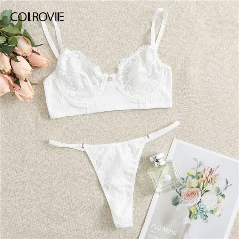COLROVIE White Floral Contrast Lace Rib Knit Underwire Lingerie Set Women  Bra And Thongs V String Solid Sexy Lingerie Sets LJ201211 From Cong00,  $11.29