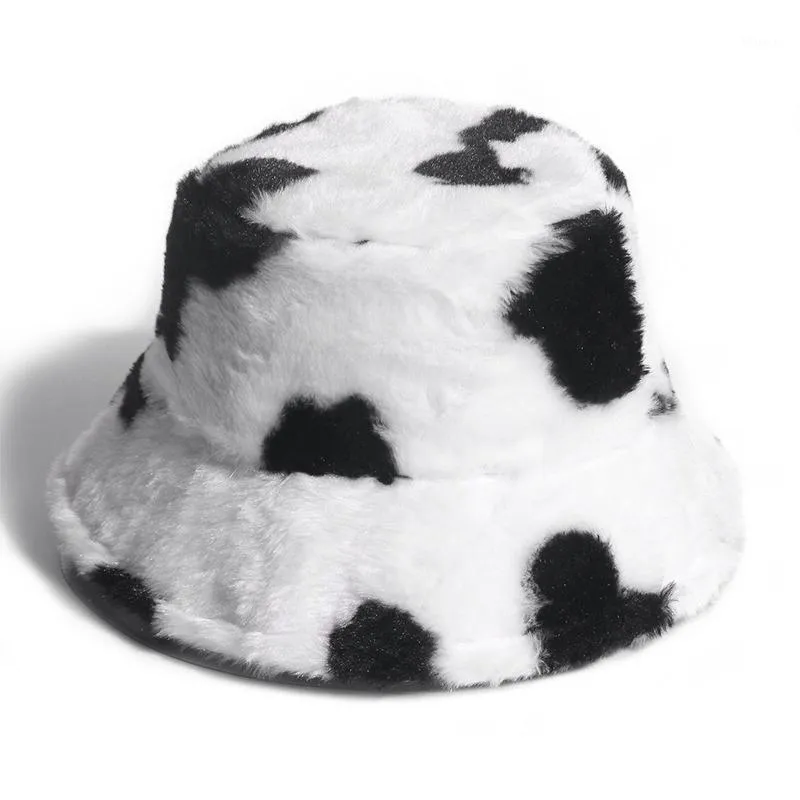 Fashion Faux Fur Cow Print Bucket Hats Women Winter Panama Fisherman Caps1