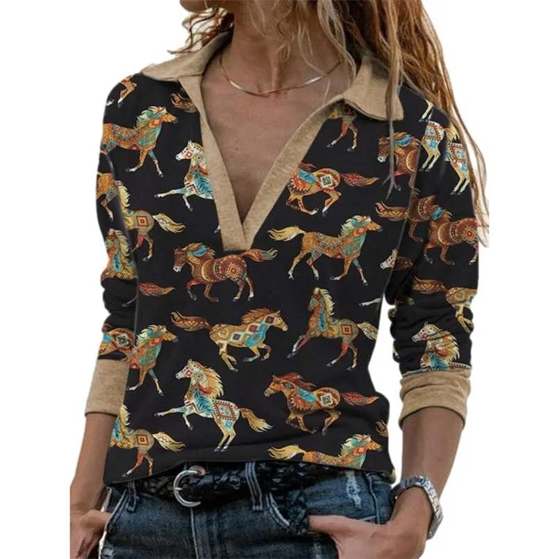 Lente Casual V-hals Horse Print Losse T-shirt voor Dames Turn-Down Collar Dier Mode Lange Mouwen Tops 220121