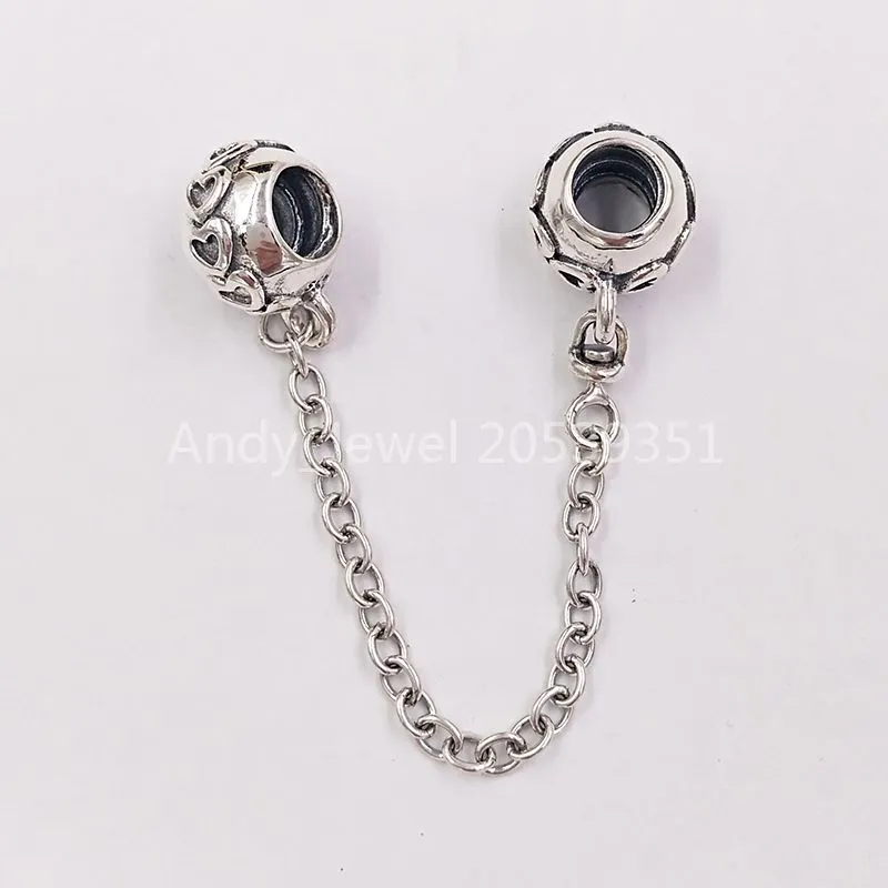 Andy Jewel 925 Sterling Silver Beads Hearts Safety Chain Charms past Europese Pandora -stijl sieraden armbanden ketting 791088