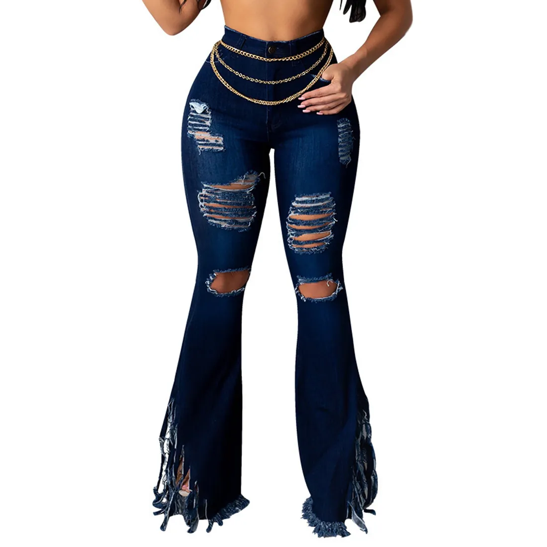 Muyogrt Women Flare Jeans High Waist Fringe Denim Skinny Pants Woman Stretch Jeans Female Wide Leg Jeans Bell Bottoms Clothes 201012