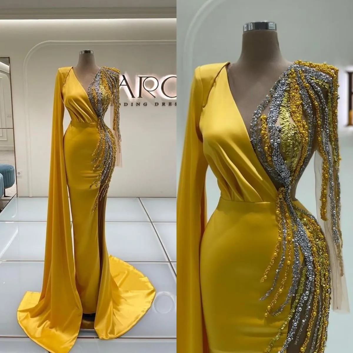Bright Gold Satin Mermaid Prom Klänningar med långärmad kristall Beaded V-Neck Arabic Dubai Evening Gown Robes de Soirée Jaune