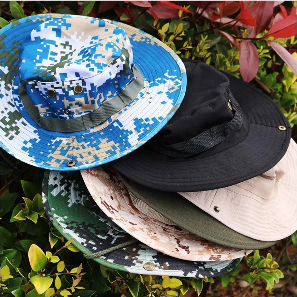 Sombrero de ala ancha de camuflaje, sombrero de sombrilla de borde redondo, sombrero de pescador de malla plegable, gorras de senderismo, sombreros de playa lavados al aire libre