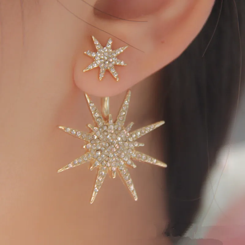 Mode nieuwe sieraden groothandel, diamant-bezaaide rug opknoping sneeuwvlok oorbellen, voogd accessoires, zespuntige ster oorbellen