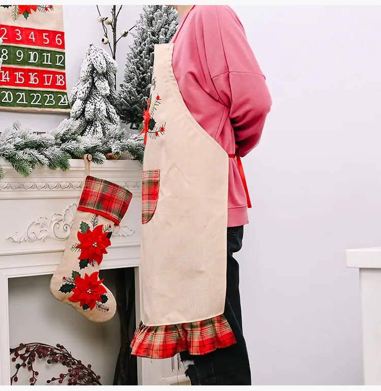 New Christmas decoration supplies big red linen apron creative adult Christmas apron restaurant atmosphere dress up T3I51329