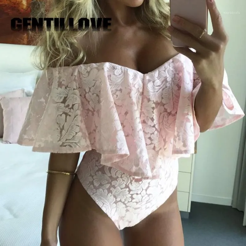 Zomer Sexy Off The Shoulder Dames Bodysuit Ruffle Lace Jumpsuit Overalls voor Dames Lady Playsuit Romper Elegant Vrouwelijk Beach1