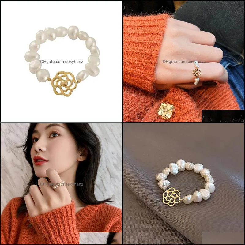 Baroque Natural Pearl Metal Hollow Rose Rings For Woman 2021 Fashion Korean Finger Jewelry Party Elegant Girls Unusual Ring