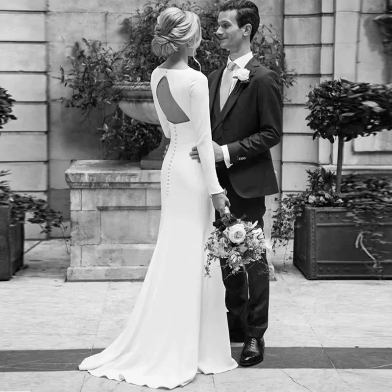 long sleeve button back wedding dress 2023 Satin backless mermaid wedding gown with Elegant Long Sleeves, Open Back, and Sweep Train