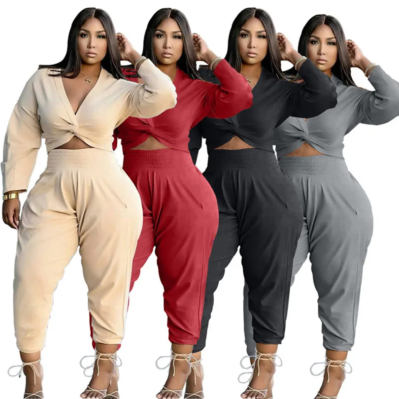 Plus la taille 3XL Femmes Automne Hiver Survêtements Deux 2 Pièces Ensemble À Manches Longues Col En V Sweat Pantalon Ensembles Assortis Casual Tenues Solides Costumes De Sport En Gros 5723