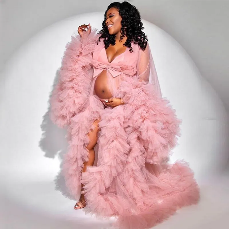 Robes de soirée de maternité de luxe Illusion volants à plusieurs niveaux rose Photoshoot Babyshower peignoir maternité Kimono fête robe d'anniversaire