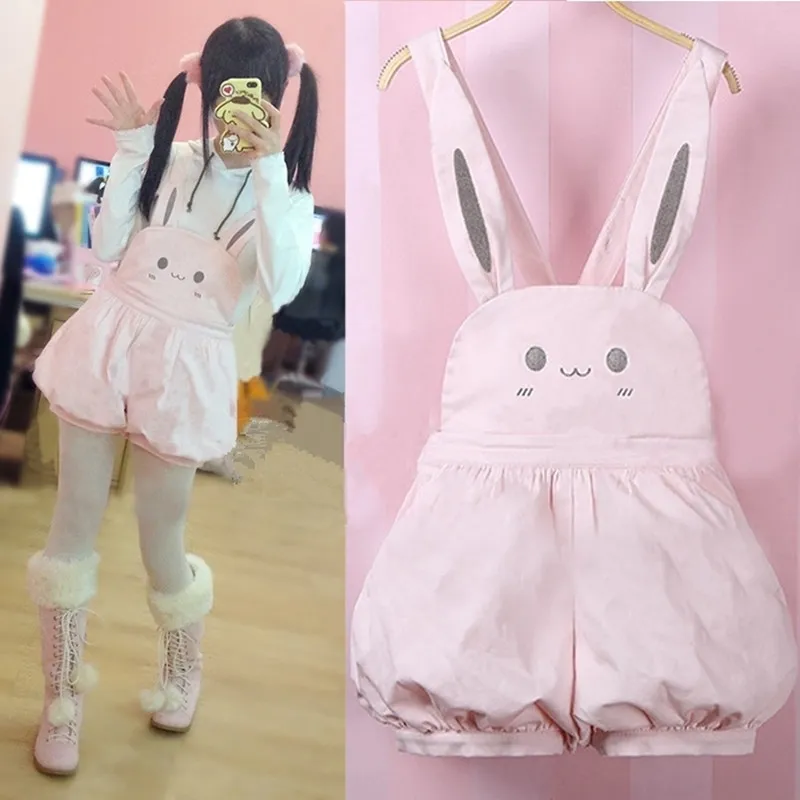 Pink Kawaii Girl Girl Summer Pagliaccetti Carino Bunny Lantern Shorts Lolita Jumper Carino Coniglio Giapponese Giapponese Strap Tangsuit T200704