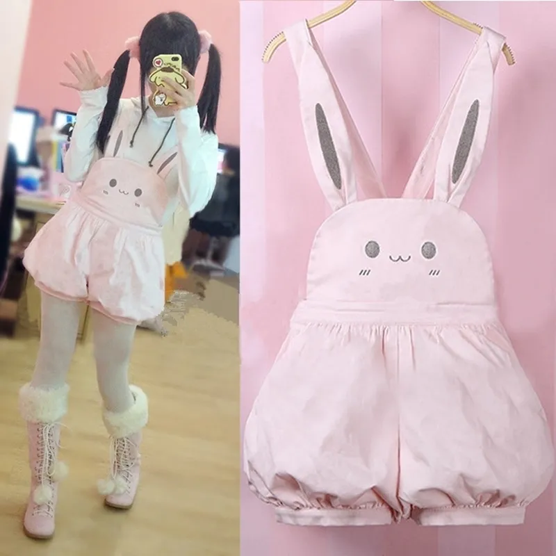 Rose Kawaii Salopettes Fille D'été Barboteuses Mignon Lapin Lanterne Shorts Lolita Jumper Mignon Lapin Japonais Jarretelles Sangle Combinaisons T200704