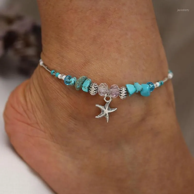 Anklets Bohemian Starfish Beads Kamień dla kobiet Bransoletka łańcucha kolorów Boho Srebrna kolor