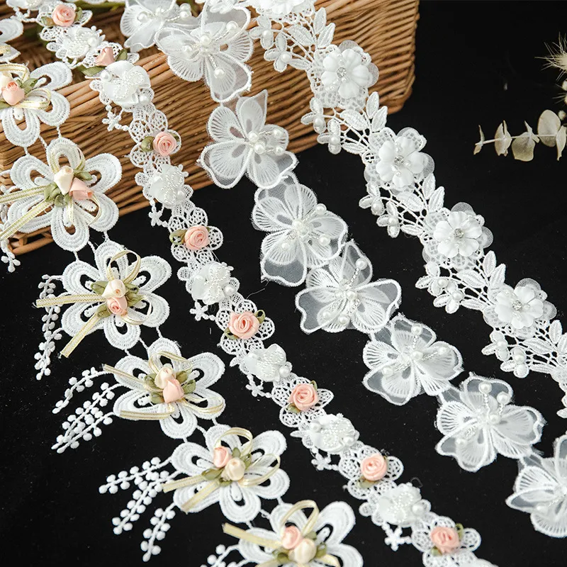 15 Yard Embroidered Flower Pearl Beads Sewing Lace Edge Trim Ribbon DIY Vintage Trimmings Edging Fabric Applique Craft Party Clothes Sewing Supply Decor