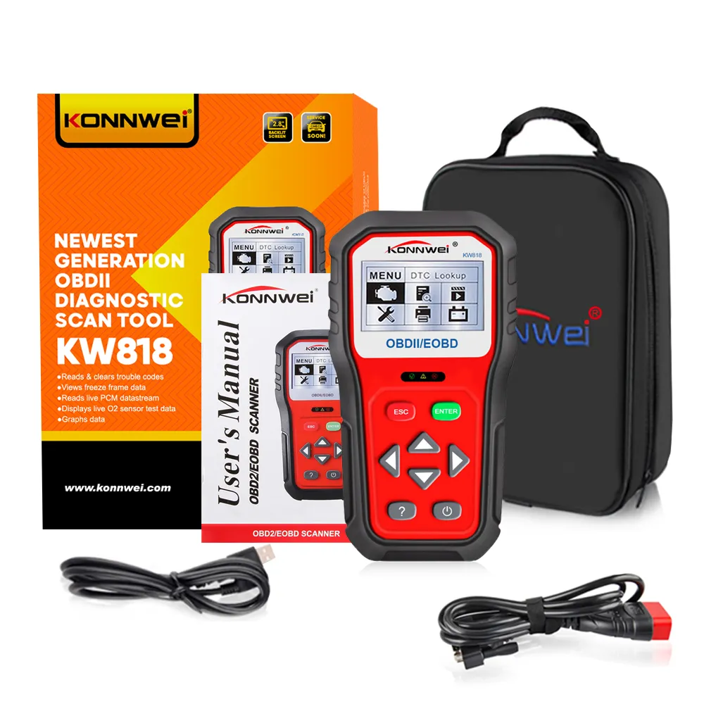 Konnwei KW818 Escáner de diagnóstico automático Código de falla del automóvil Herramienta de escáner OBD Código de Motor Lector Tesor de batería Verifique el motor
