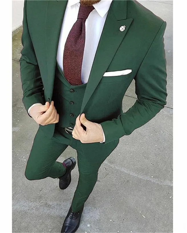 Новое прибытие Groomsmen Пик нагрудные Groom Tuxedos Темно-зеленый Мужские костюмы Свадебные / выпускной вечер / ужин Шафер Blazer (куртка + штаны + Tie + Vest) K700