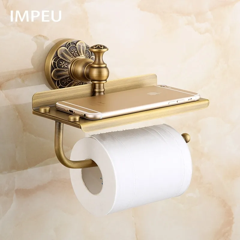 Porte-papier hygiénique, porte-rouleau de papier toilette en bronze antique avec grande étagère pour le rangement du téléphone, porte-papier hygiénique Y200108