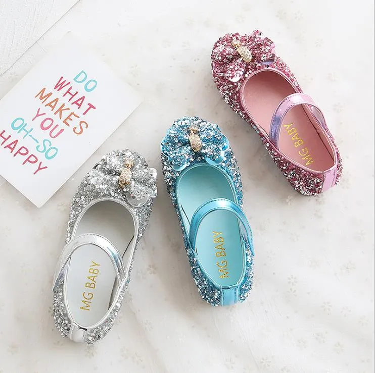 Fashion Children Shoes For Toddlers Girls Kids Princess Leather Flats With Rhinestone Crystal Bling Glitter Fabric Dress Shoes