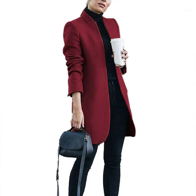 2020 Ny plusstorlek Kvinnor Woolen Coat Office Lady Höst Solid Färg Stativ Krage Woolen Long Coat Cardigan för Damkläder1