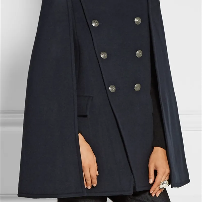 UK Fall / Winter Nyaste Runway Designer Kvinnor Oversierad Ull Poncho Navy Cape Coat Kvinna Cloak Manteau Femme Abrigos Mujer 201027