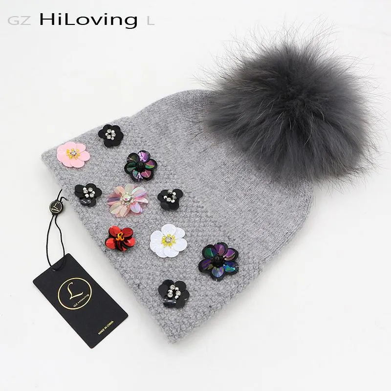 Novo design chapéu de lã feminino de inverno com grande pele real pom pom gorro de malha macio padrão floral crânios bonés para mulheres senhoras227z