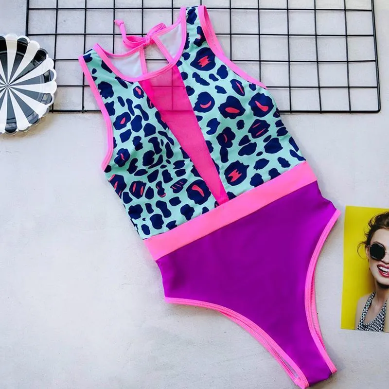 Sexy Leopard Drukuj siatki One Piece Swimwear Kobiety Push Up Suit Suit 2020 New New Neck Swimsuit Kobieta Deep V Beach Nosić 5211 T200708
