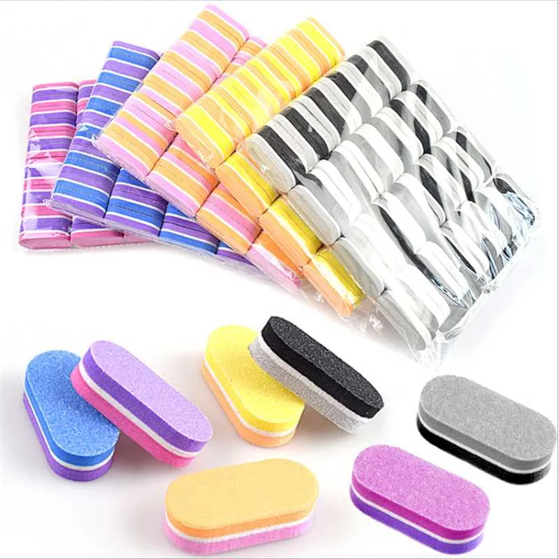 50 stcs mini kleurrijk spons nagelbestand 100/180 dubbelzijdige grit spons schuren slijp manicure bestanden tools